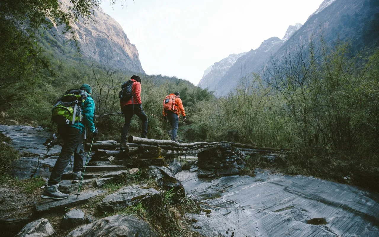 Three hikers crossing a log bridge on a mountain trail